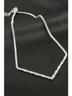 Msa-Shop Üçgen Tamtur Zirkon Taşlı Lüks Kolye 2 Mm-Gümüş Rengi