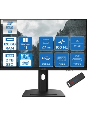 Msı Modern AM273QP Aı 1UM-241XTR Intel Core Ultra 7-155H 128GB Ddr5 2tb SSD Intel® Arc™ Graphics 100Hz 27 Inç 2k Wqhd 2560X1440 IPS WIN11PRO Siyah Allinone BILG.241XTRP34+ZETTAUSBBELLEK