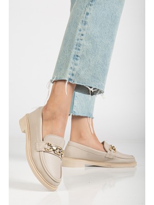 Kadın Bağcıklı Sarı Tokalı Kalın Topuklu Loafer Ayakkabı Mimyshoesg