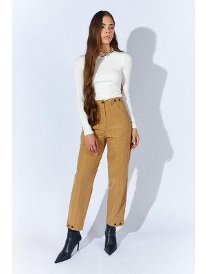 Kadın Camel Beli Düğmeli Çift Dikişli Pantolon