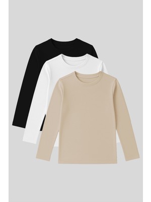 Standart Fit Basic O Yaka 3lü Paket Siyah-Beyaz-Bej Unisex Çocuk T-Shirt - 11329