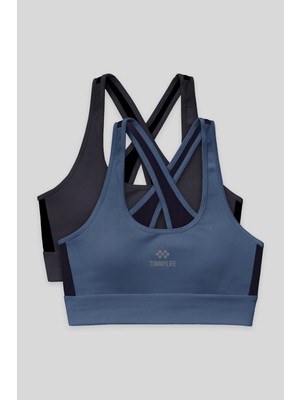 Tommy Life Slim Fit U Yaka 2li Paket Petrol-Antrasit Kadın Spor Büstiyer - 97121