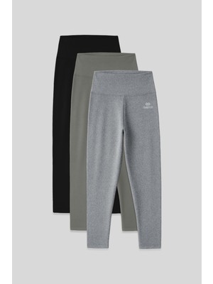 Slim Fit 3lü Paket Siyah-Çağla-Gri Melanj Kadın Kapri Tayt - 93097