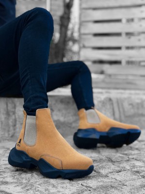 ET0444 Bağcıksız Rahat Yüksek Taban Camel Erkek Spor Yarım Bilek Bot