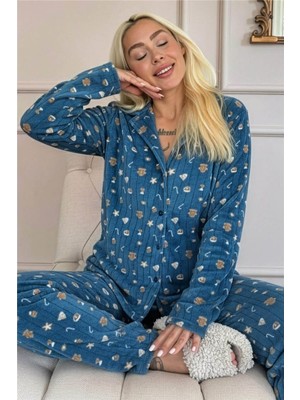 Pijama Evi Mavi Cookie Desenli Önden Düğmeli Peluş Polar Pijama Takımı