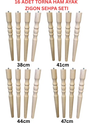 Hamadex 38–41–44–47 cm Ham Torna Ahşap Ayak Mobilya  Zigon Sehpa Ayağı 4’lü Set | 16 Adet Ayak + 16 Bağlantı Aparatı
