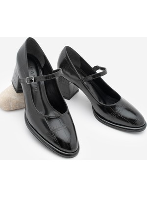 Marjin Kadın Loafer İnce Bantlı Kalın Topuklu Günlük Ayakkabı Vikas Siyah Croco