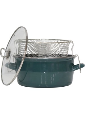 Pr Home Emaye Cam Kapaklı Kızartma Tenceresi 24 cm Petrol Yeşili Krom Tepeli