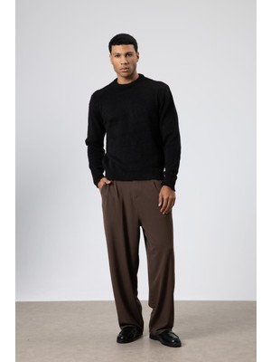 Oversize Yumuşak Dokulu Bisiklet Yaka Kazak Siyah