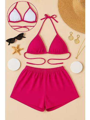 Kadın Fuşya Şortlu Belden ve Boyundan Bağlamalı Bikini Takımı