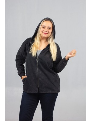 Büyük Beden 2 Iplik Pamuk Yıkamalı Siyah Kapşonlu Sweat