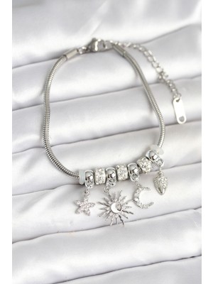 Pirinç Gümüş Renk Ay ve Güneş Charmlı Kadın Bileklik - Lisinya