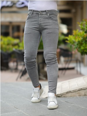 Erkek Jeans Slim Fit Likralı Denim Gri Kot Pantolon