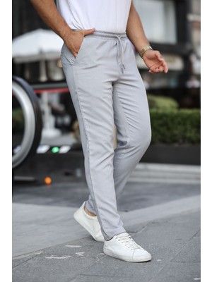 Erkek Bel Lastikli Düz Paça Jogger Gri Pantolon