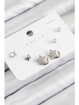 Pirinç Zirkon Taşlı Yıldız Model Gümüş 925 Ayar Gümüş Çivi Kadın Küpe Set