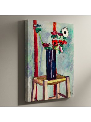 Koyu Vazoda Kırmızı ve Beyaz Anemone Çiçekleri Soyut Tablosu