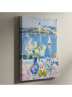 Deniz Manzaralı Saksı Çiçekleri ve Çaydanlık Tablosu
