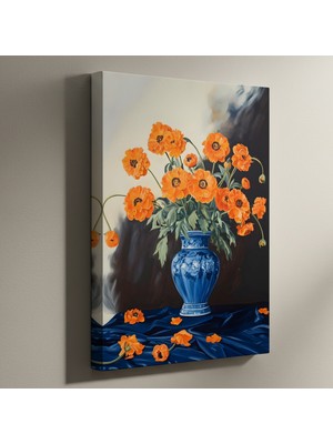 Çarpıcı Turuncu Haşhaşlar ve Çini Vazoda Modern Natürmort Tablosu