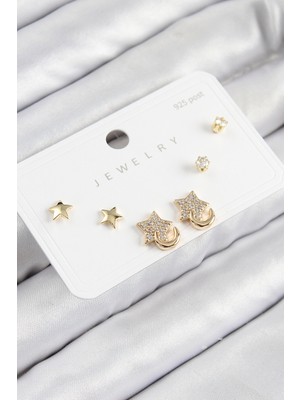 Pirinç Zirkon Taşlı Yıldız Model Gold 925 Ayar Gümüş Çivi Kadın Küpe Set