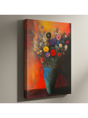 Sürrealist Tarzda, Turkuaz Vazoda Çiçek Buketli Yağlıboya Tablo