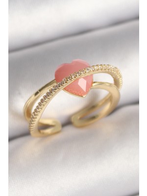 Pirinç Gold Pembe Kristal Kalp Model Zirkon Taş Detaylı Kadın Yüzük