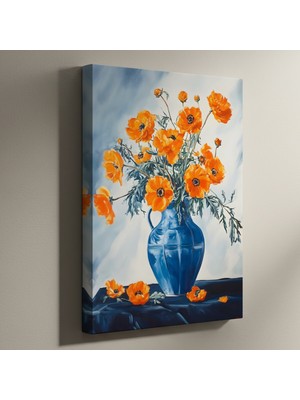 Parlak Turuncu Haşhaşlar ve Kobalt Mavi Vazoda Natürmort Tablosu