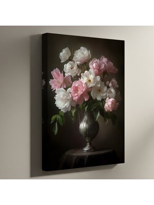 Pembe ve Beyaz Gül Buketleri Natürmort Tablosu