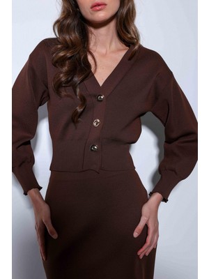 Antioch Kahve Metal Düğme Kadın Triko Hırka