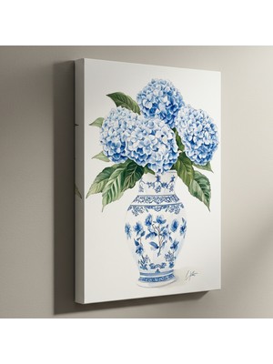 Mavi ve Beyaz Çini Vazoda Ortanca Çiçekleri Suluboya Tablosu