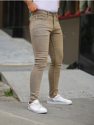 Erkek Jeans Slim Fit Likralı Denim Vizon Kot Pantolon