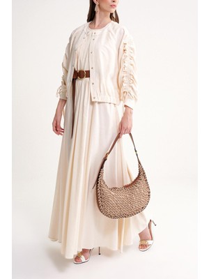 Ekru Kolları Büzgülü Beli Lastikli Çıt Çıtlı Kısa Ceket 61185