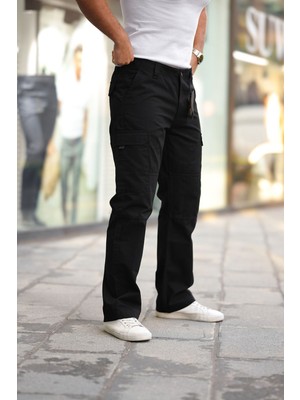 Erkek Kargo Cepli Bol Paça Armalı Siyah Baggy Pantolon