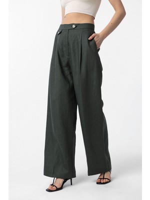 Antioch Haki 100% Keten Yüksek Bel Pilili Kadın Pantolon