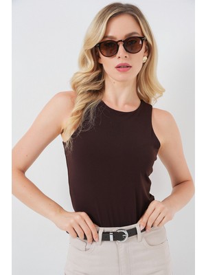Hiccup Kadın BDART, Çıtçıtlı, Kolsuz, Yuvarlak Yakalı Bodysuit Mocha Kahvesi