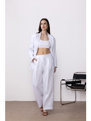 Antioch Beyaz 100% Keten Yüksek Bel Pilili Kadın Pantolon