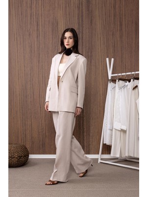 Antioch Bej 100% Keten Yüksek Bel Pilili Kadın Pantolon