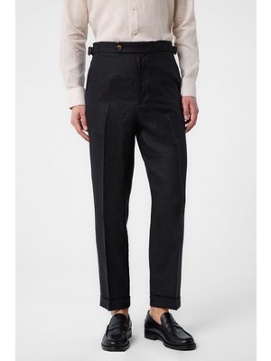 Antioch Siyah 100% Keten Italyan Kesim Erkek Pantolon