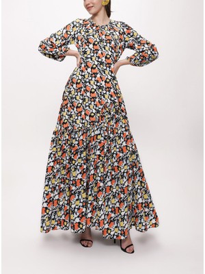 Desenli Büzgülü Bol Kesim Uzun Elbise 94105