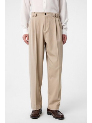 Antioch Koyu Bej Yüksel Bel Relax Fit Pileli Erkek Pantolon