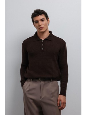 Antioch Kahve Düğmeli Yaka Erkek Kazak