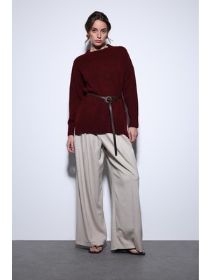 Antioch Bordo Yırtmaç Detaylı Kadın Kazak