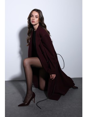 Antioch Bordo Kemerli Kruvaze Kadın Kaban