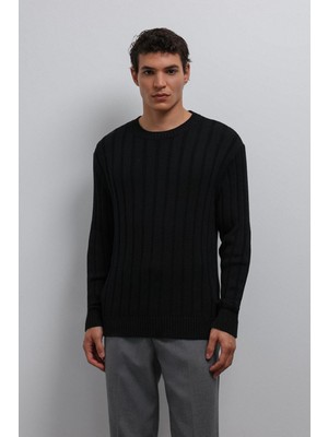 Antioch Siyah 100% Pamuk Fitilli Erkek Kazak