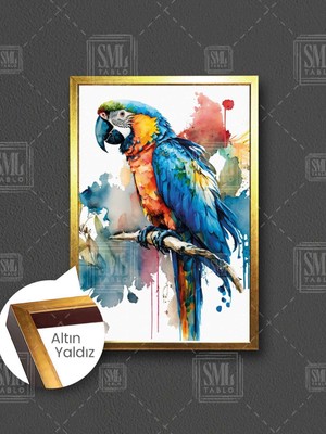 Makaw Papağanı Tropik Kuş Papağan Renkli Kuş  Çerçeveli Dikey Kanvas Tablo