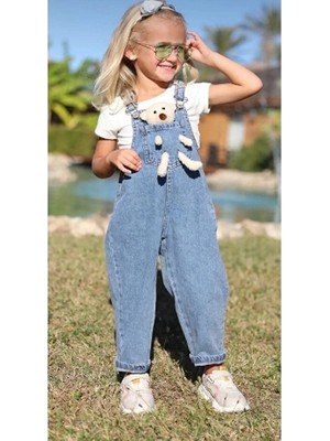 Unisex Ayıcıklı Kot Salopet Tulum