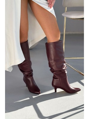 Sollet Bordo Ince Topuklu Günlük Kadın Çizme