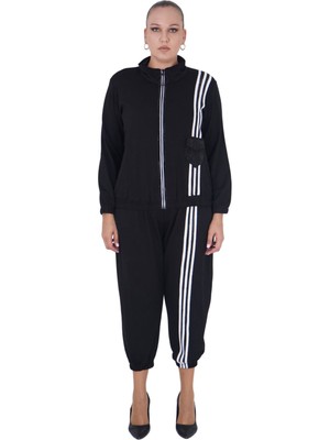 Kadın Büyük Beden Beyaz Şeritli Alt Üst Spor Şık Pamuk Takım