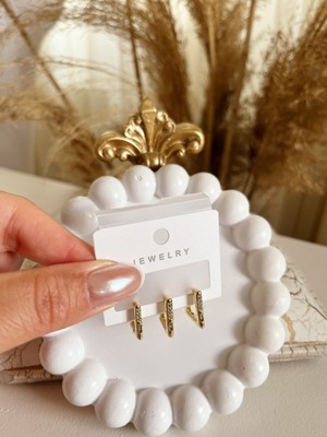 Zarif Şık Zirkon Taşlı 3'lü 14K Altın Renk Kararmaz Çelik Küpe – Işıltılı Modern Tasarım