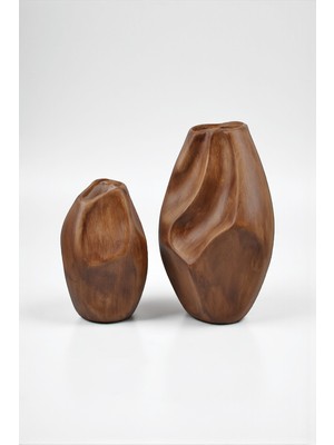 Rune Boho 2\'li Ahşap Dokulu Seramik Vazo Seti