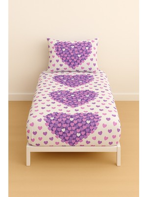 Desenli Tek Kişilik Mor Kalp 90 x 200 cm Lastikli Çarşaf ve Yastık Kılıfı